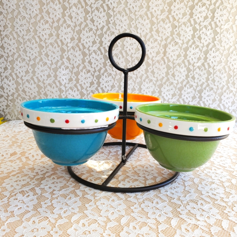 Celebrating Home 3 bowls with stand. Blue, Yellow, Green Great Entertaining New